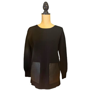 J. Crew 100% Merino Wool Crew Neck Sweater, Leather Pockets, Black, S